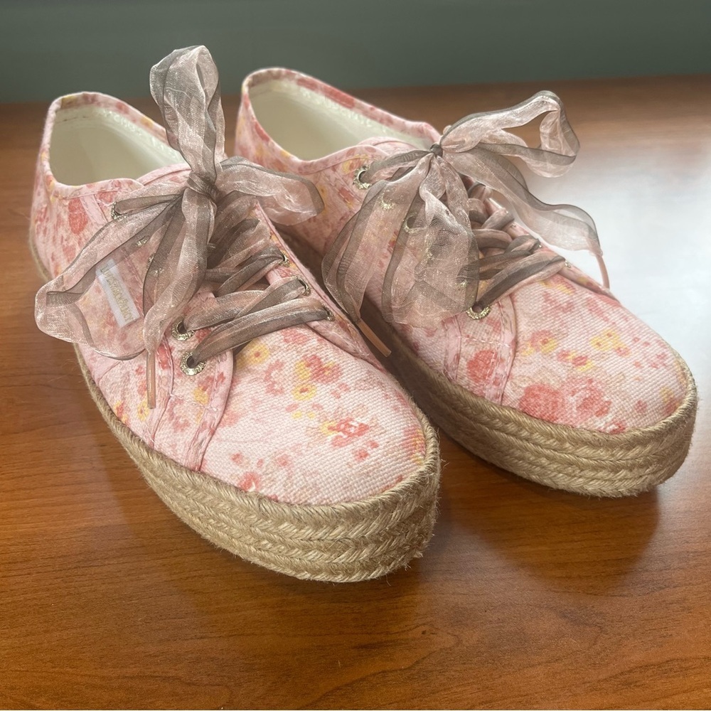 Love Shack Fancy Superga Pink Floral Sneakers with Ribbon Laces Sz 41 Platform